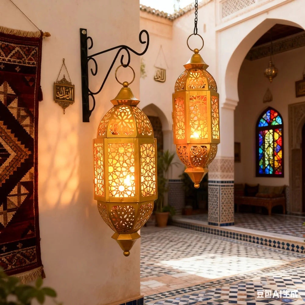 Lanterne marocaine suspendue dorée en fer ajouré