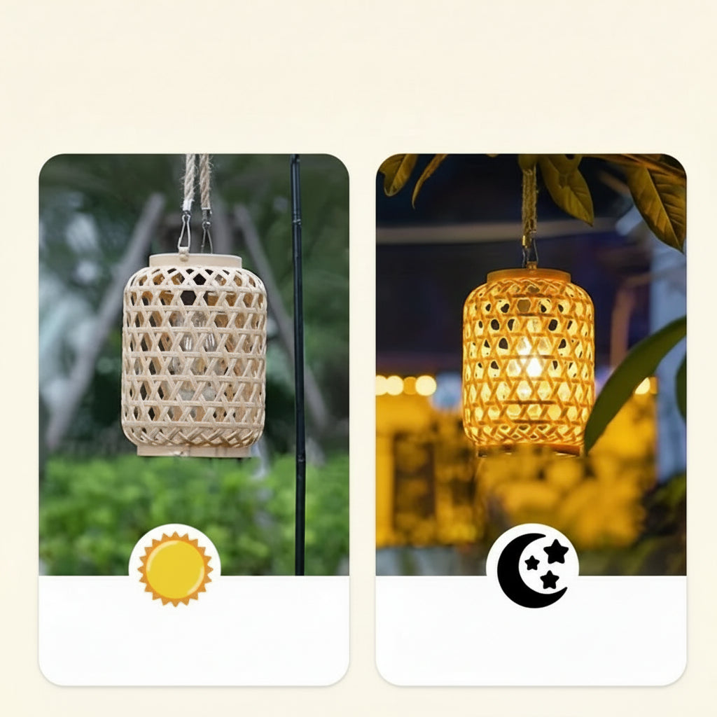 Lanterne solaire suspendue extérieure rotin LED
