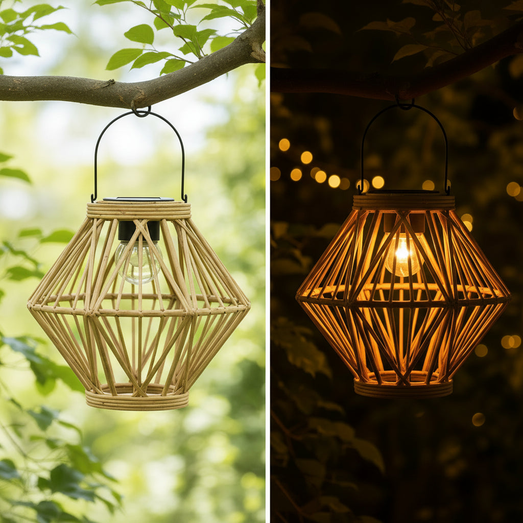 Lanterne solaire extérieur rotin LED