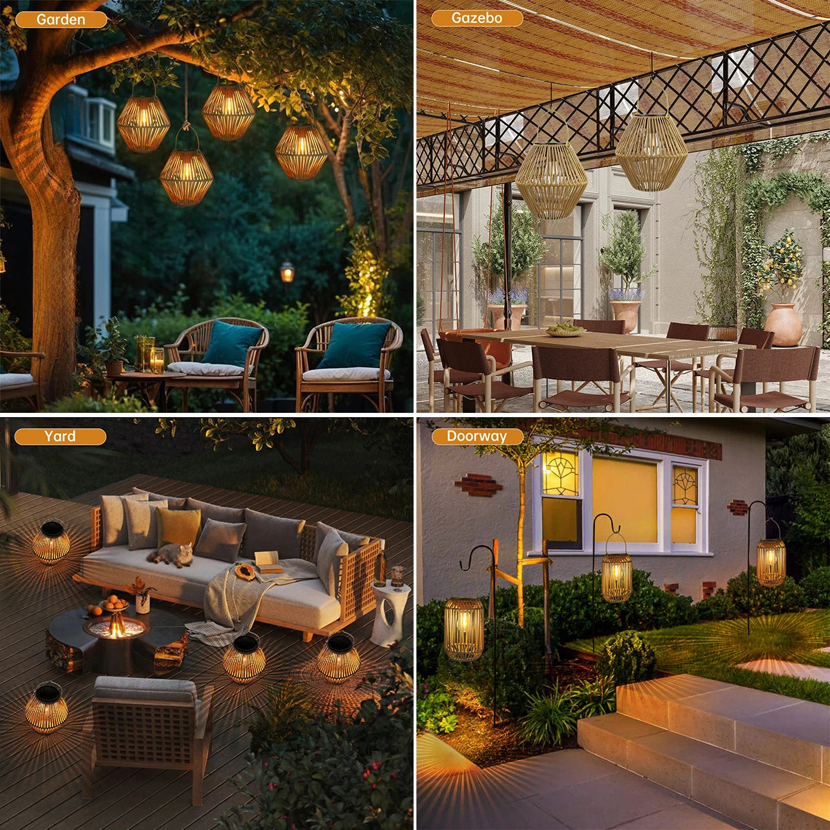 Lanterne solaire extérieur rotin LED