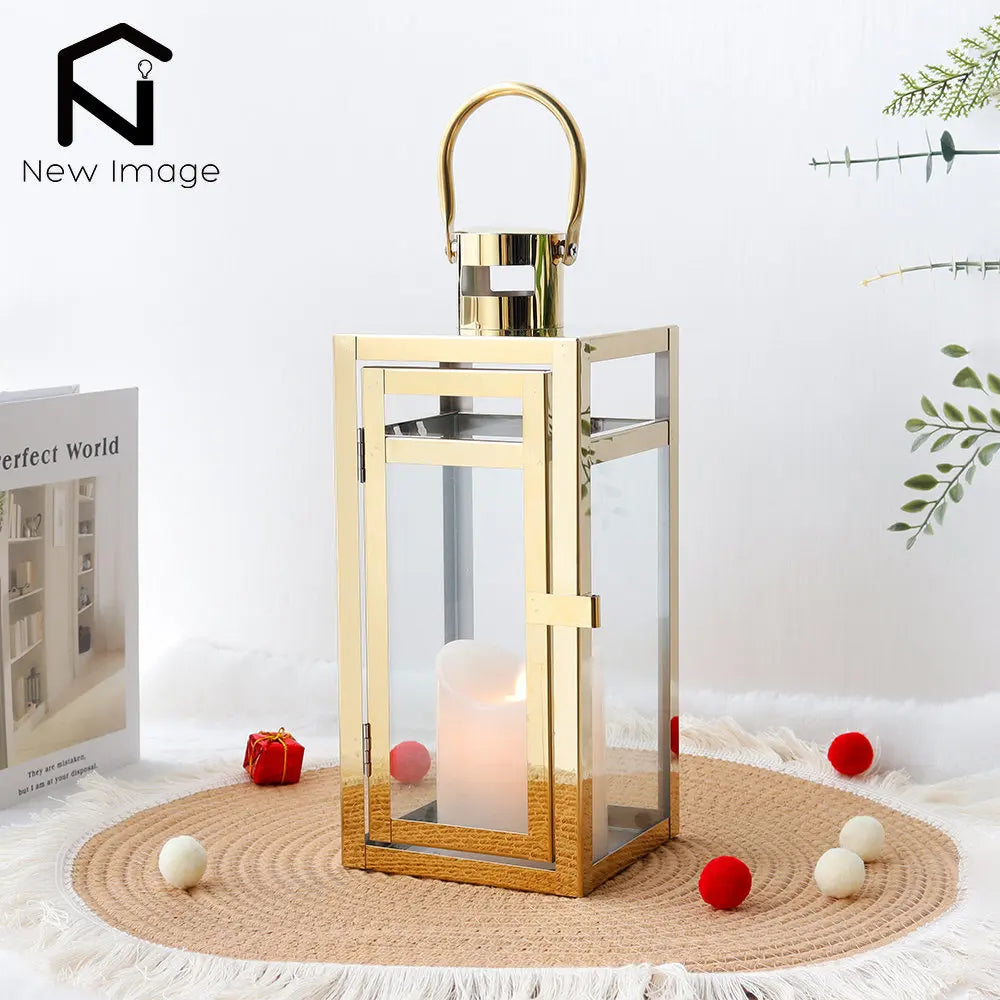 Lanterne bougie suspendue dorée en acier inoxydable