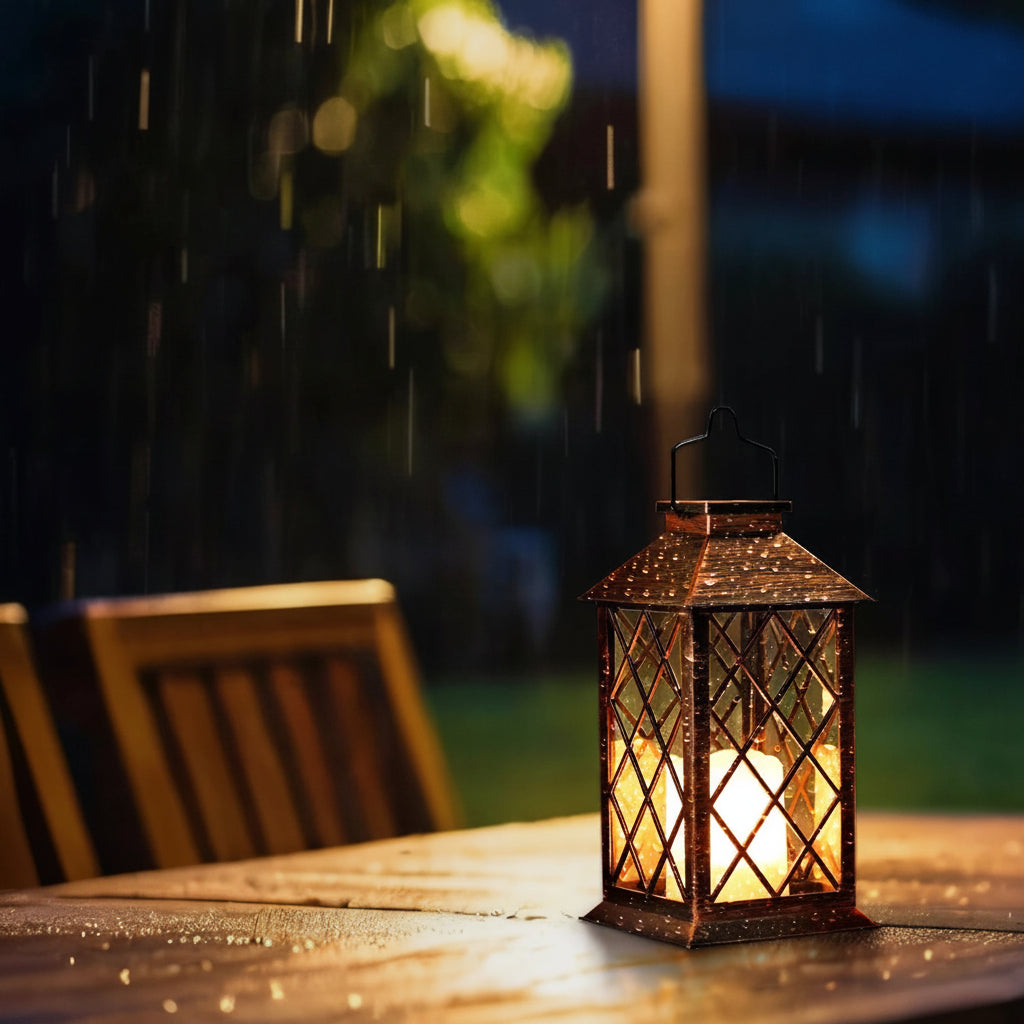 Lanterne bougie solaire suspendue sur une terrasse