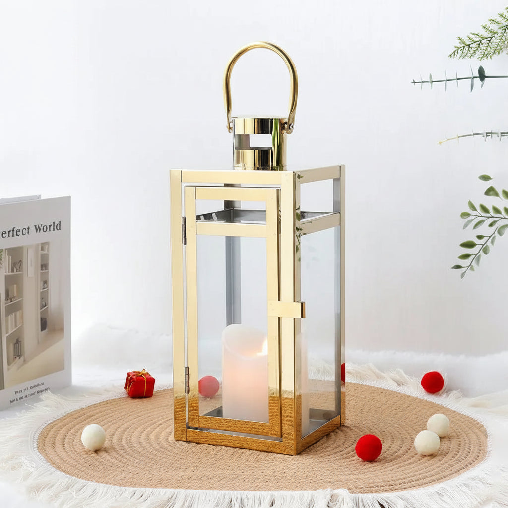 Lanterne bougie suspendue dorée en acier inoxydable